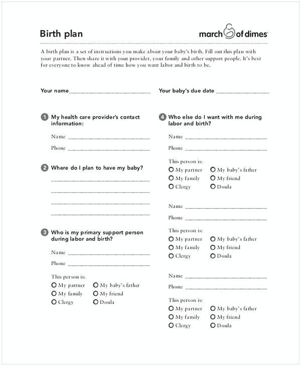 Printable Birth Plan Template