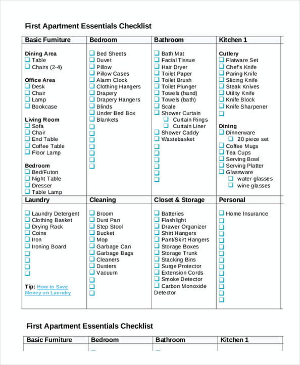 Printable First Apartment Essentials Checklist
