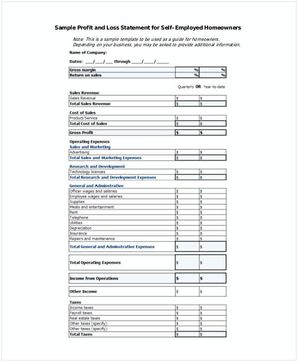 Profit Loss Statement Template For Self Employed