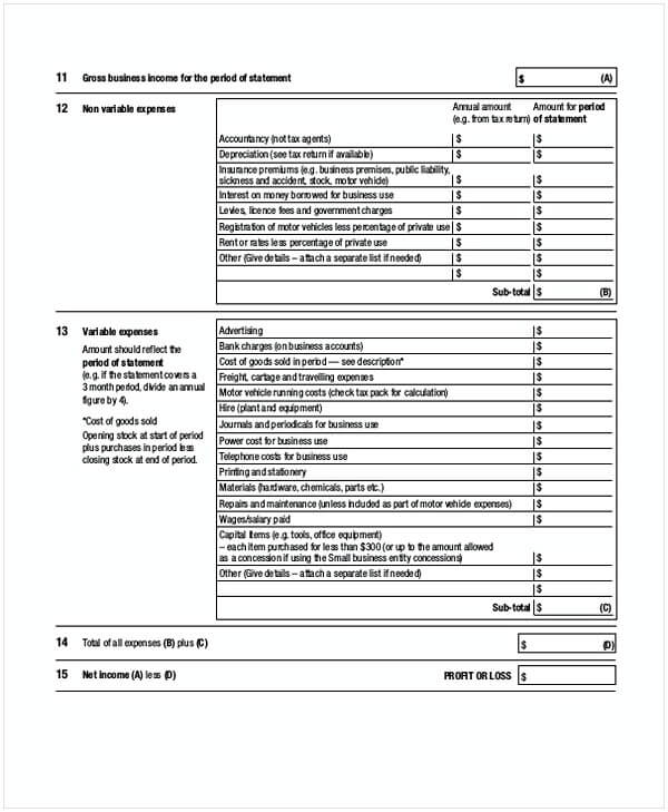 Profit Loss Statement Template Form in PDF