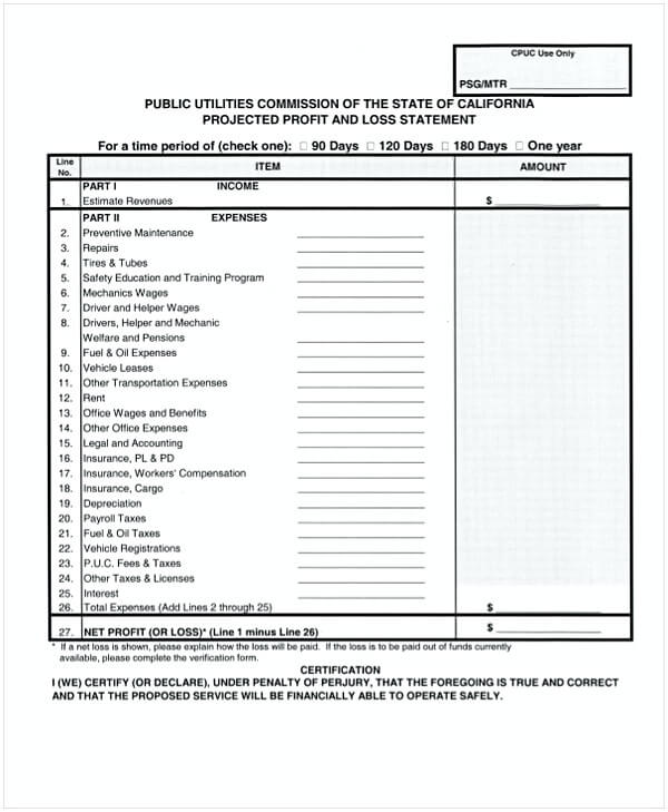 Projected Profit Loss Statement Template In PDF