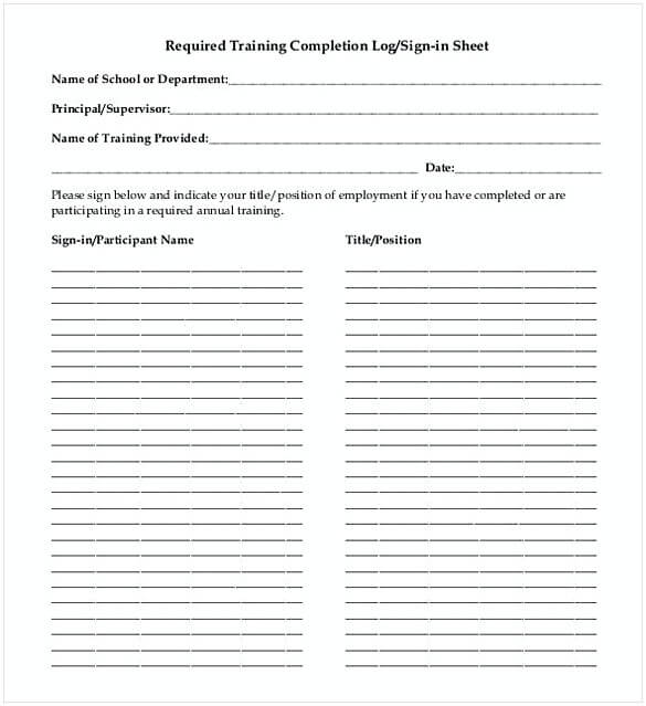 Required Training Completion Log Sign in Sheet