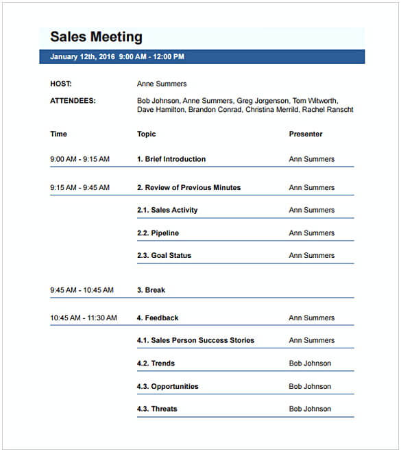 Sales Meeting Agenda Template PDF Format Download