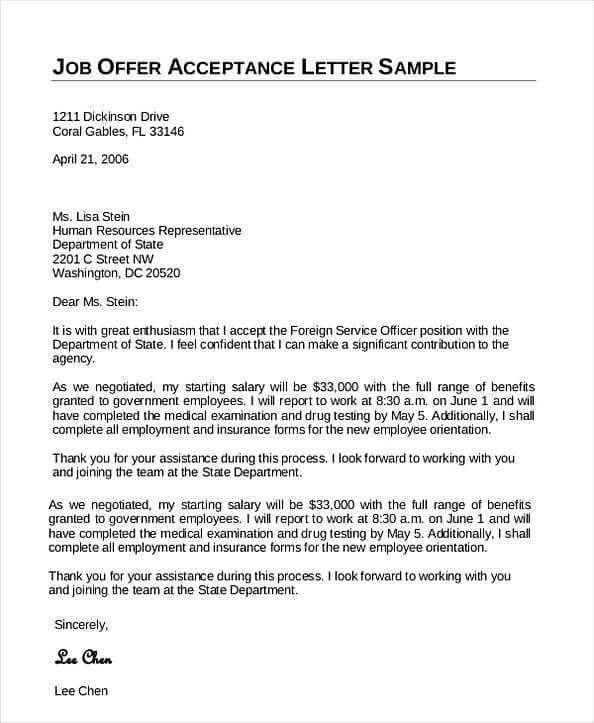 Service Officer Job Offer Acceptance Letter