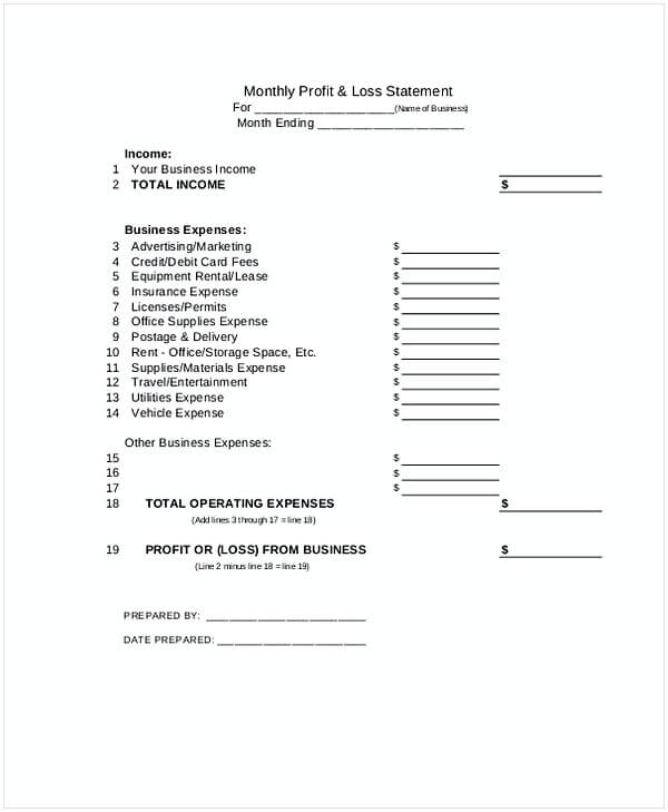 Simple Monthly Profit Loss Statement Template
