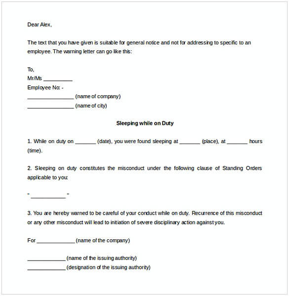 Sleeping on the Job Termination letter Template Printable