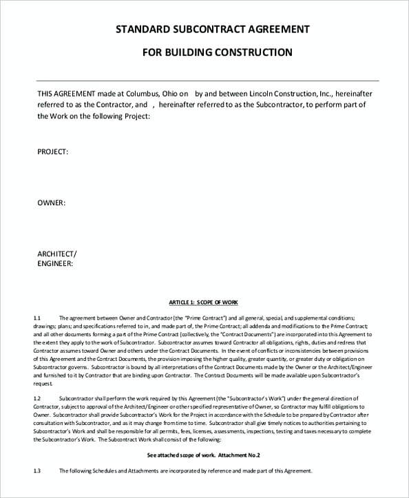 Standard Subcontractor Agreement For Building Construction