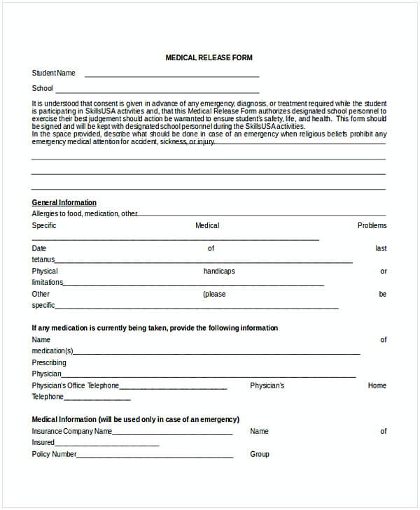 Student Medical Release Form Example 1