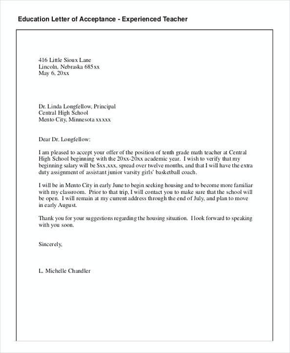 Teaching Job Acceptance Letter