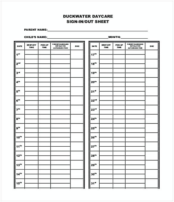 Template for Daycare Sign in Out Sheet