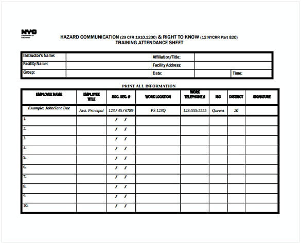 Training Attendence Sheet PDF Template Free Download 1