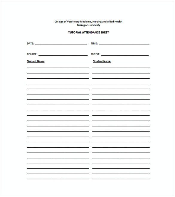 Tutorial Attendance Sheet PDF Template Free Download 1 1
