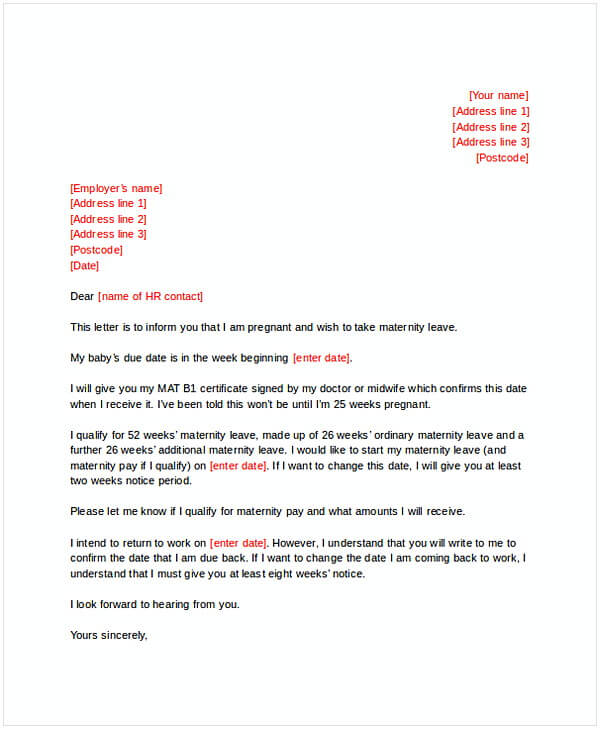 Two Week Maternity Notice Letter example