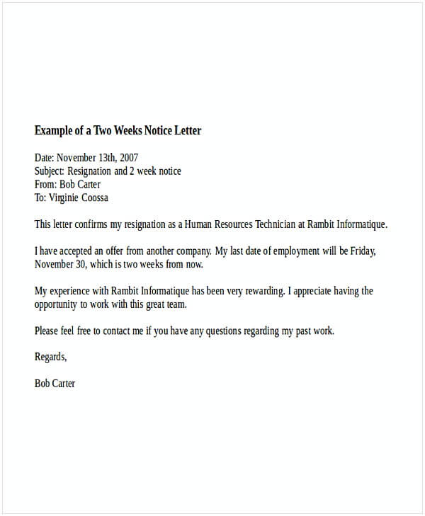 Two Week Notice Letter Example1 1