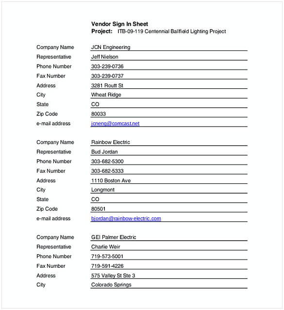 Vendor Sign In Sheet