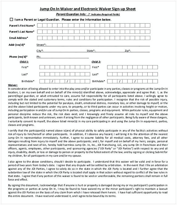 Waiver and Electronic Waiver Sign up Sheet