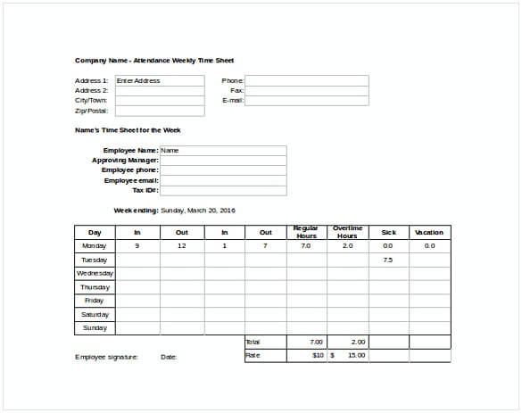Weekly Attendance Time Sheet Excel Template Free Download 1 1
