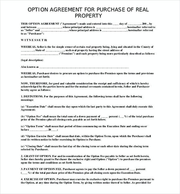 agreement to purchase property