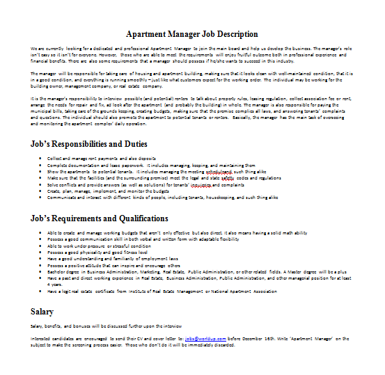 Unique Apartment Resident Manager Job Description for Rent