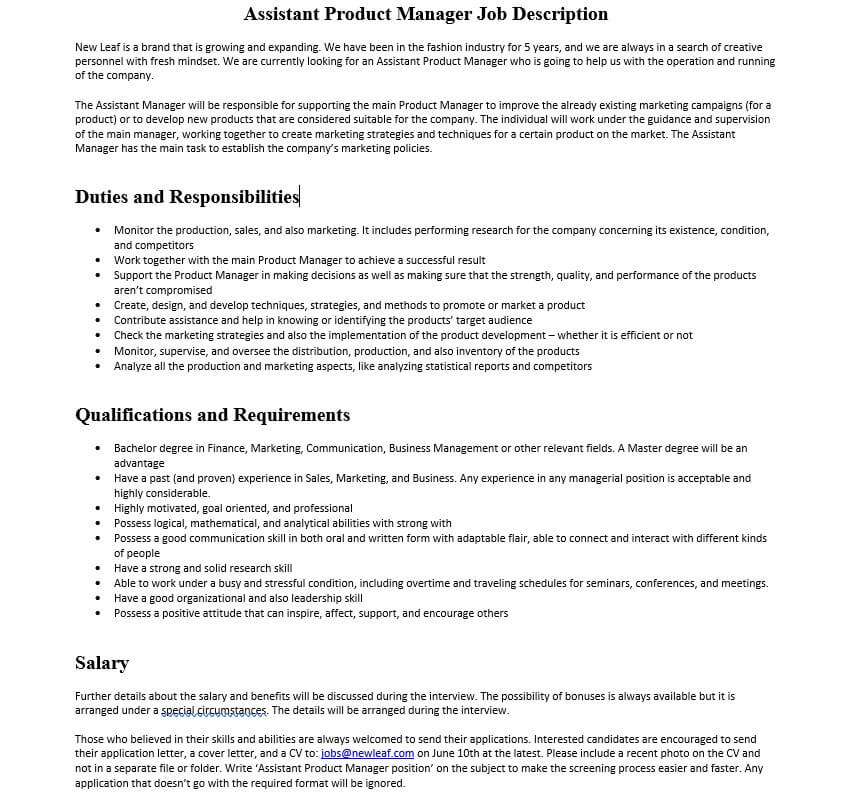 Assistant Product Manager Job Description