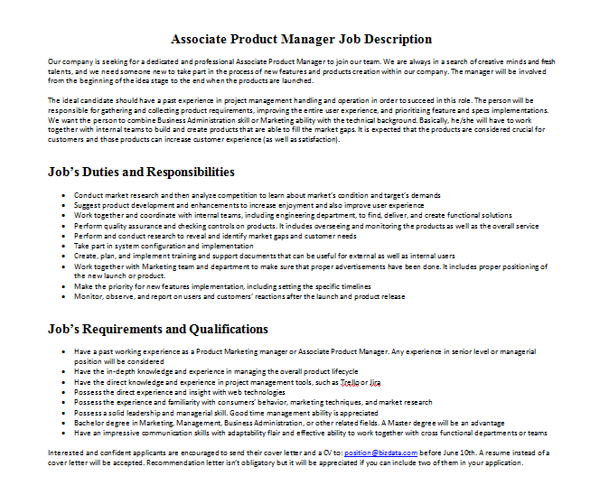 Associate Product Manager Job Description 1