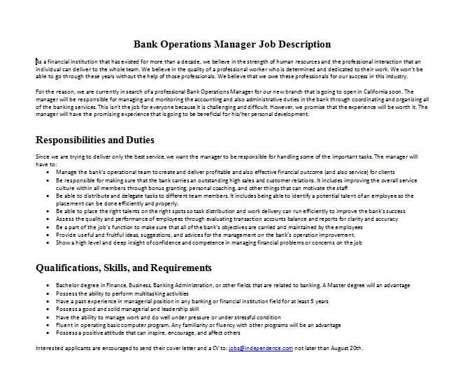 Bank Operations Manager Job Description | Mous Syusa