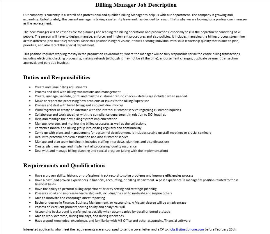 Billing Manager Job Description