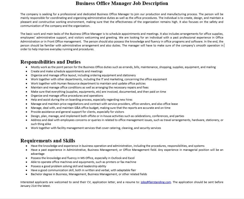 Business Office Manager Job Description