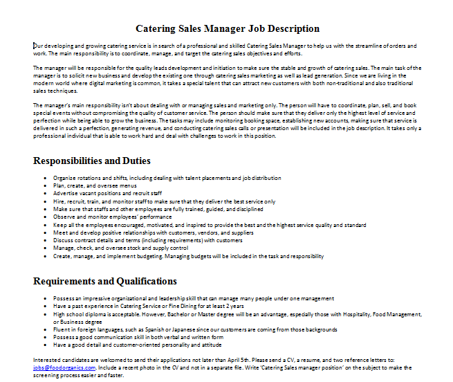 Catering Sales Manager Job Description