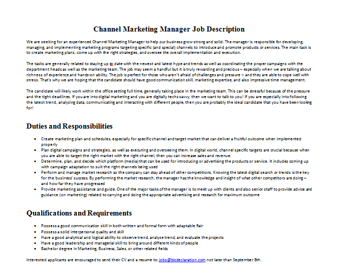 Channel Marketing Manager Job Description