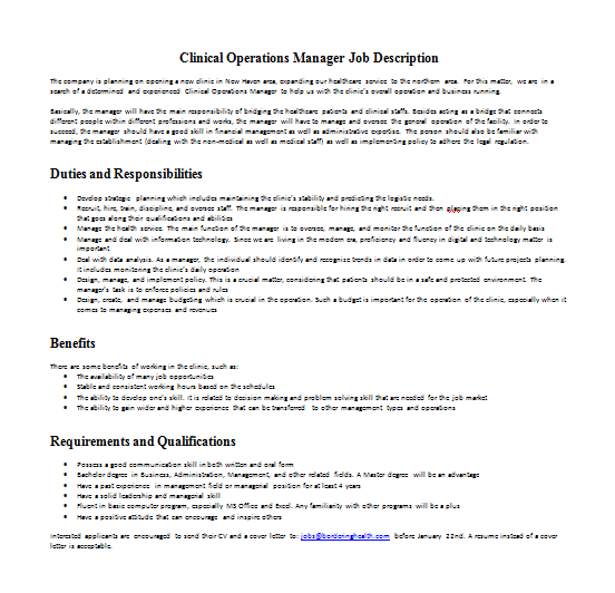 Clinical Operations Manager Job Description