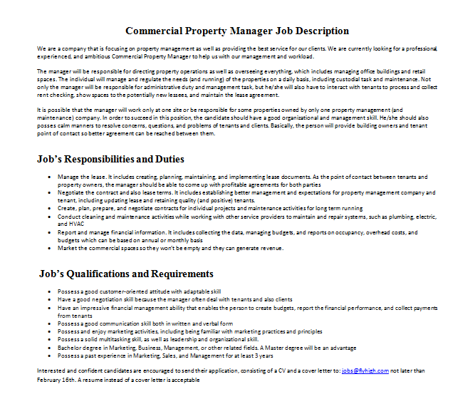 Commercial Property Manager Job Description