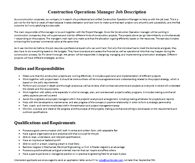 Construction Operations Manager Job Description