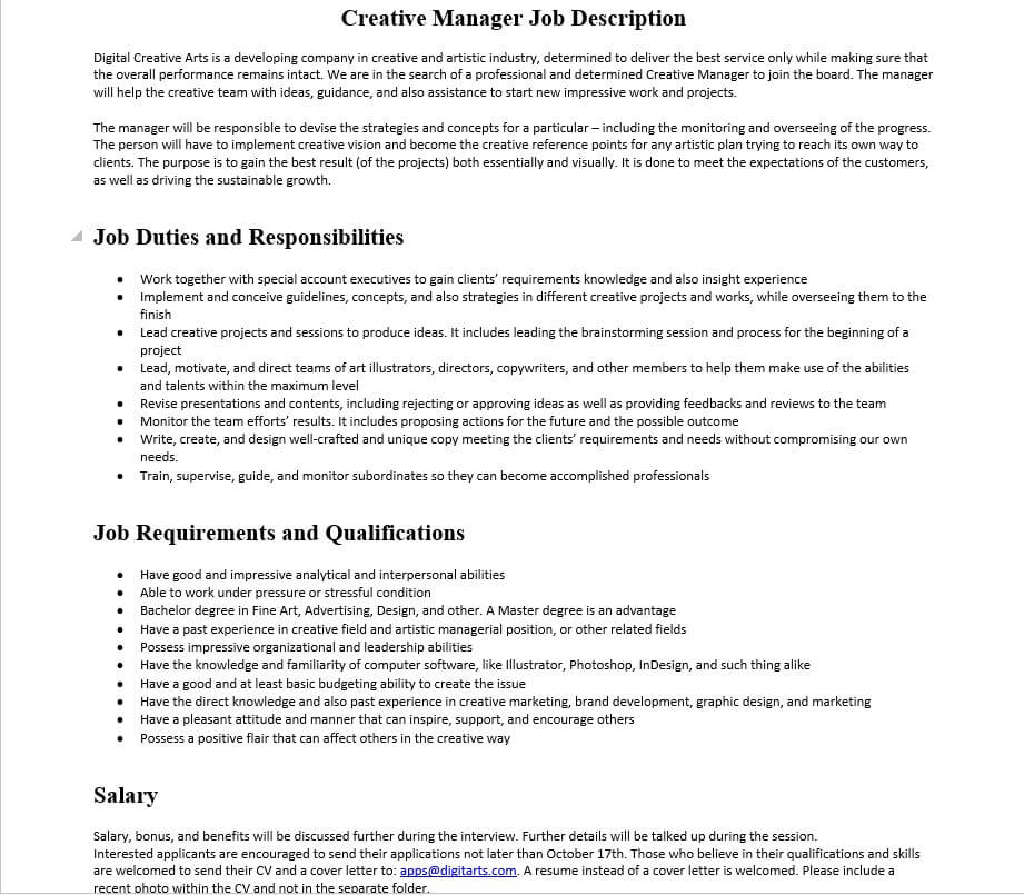 Creative Manager Job Description