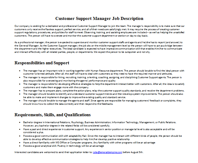 Customer Support Manager Job Description