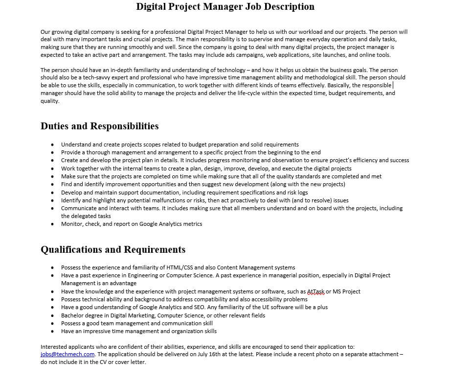Digital Project Manager Job Description