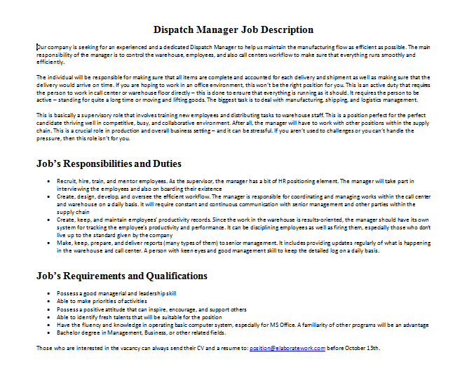 Dispatch Manager Job Description