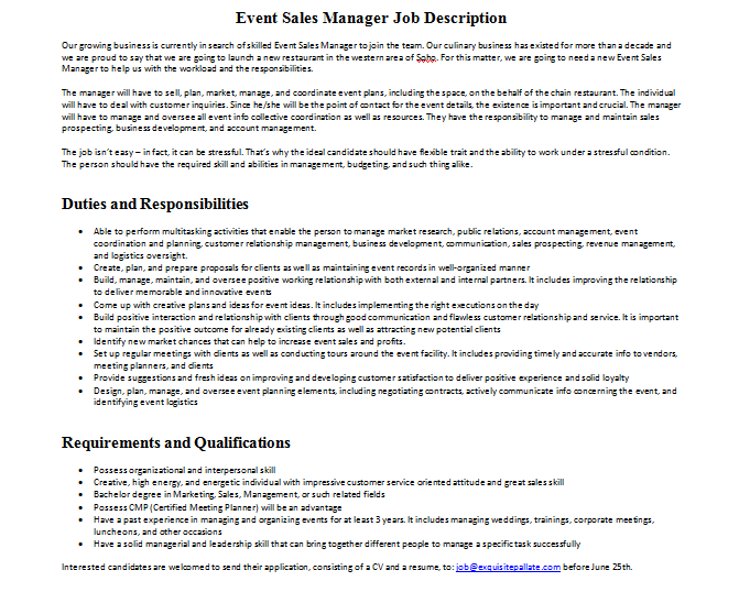 Event Sales Manager Job Description