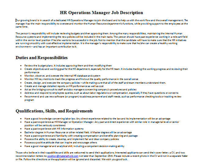 HR Operations Manager Job Description