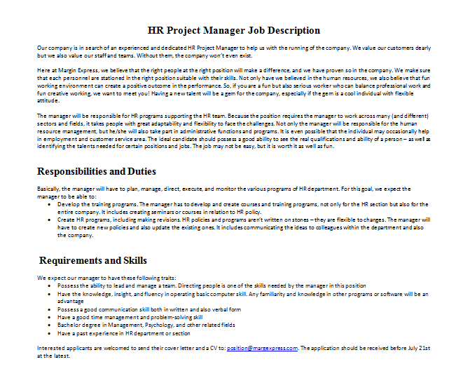 HR Project Manager Job Description