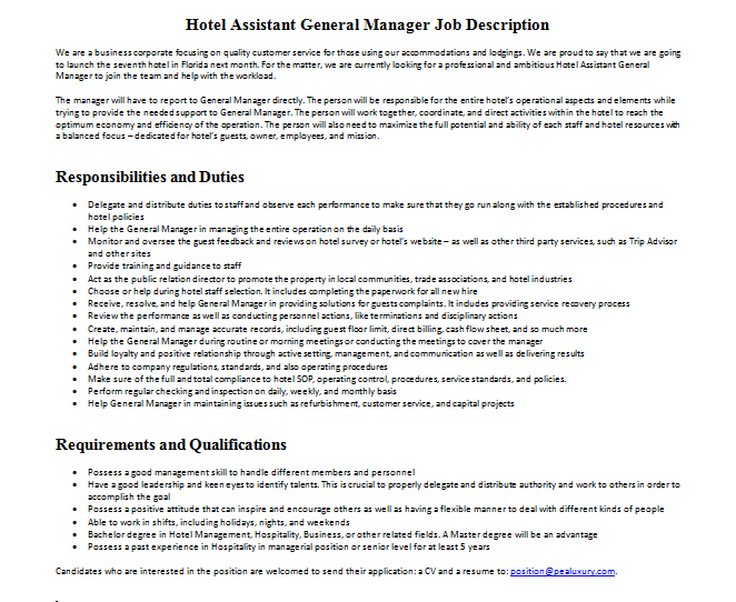 Hotel Assistant General Manager Job Description