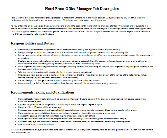 Hotel Front Office Manager Job Description