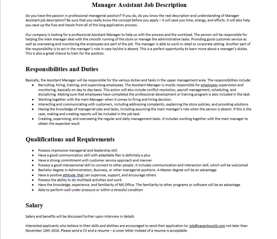 Manager Assistant Job Description