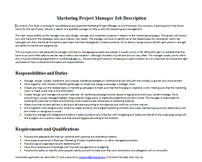 Marketing Project Manager Job Description