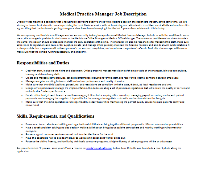 Medical Practice Manager Job Description