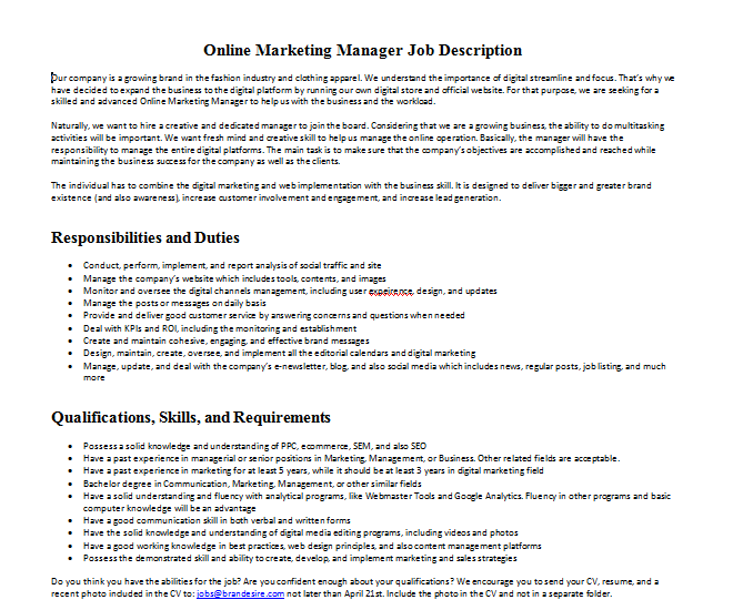 Online Marketing Manager Job Description | Mous Syusa