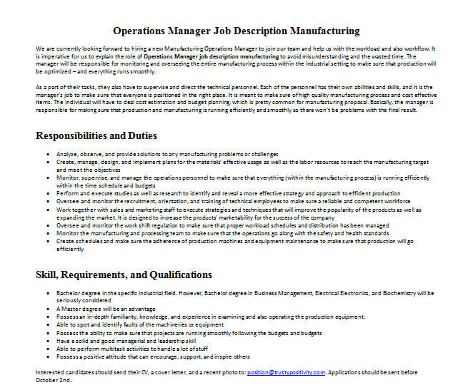 Operations Manager Job Description Manufacturing