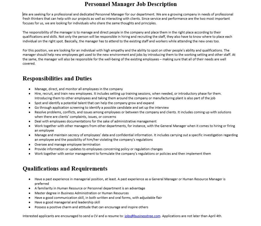 Personnel Manager Job Description