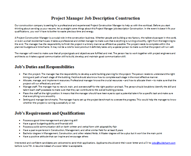 Project Manager Job Description Construction