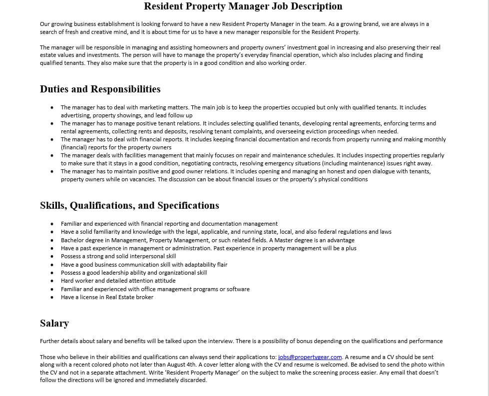 Resident Property Manager Job Description